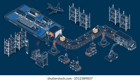 Veículos Guiados Automatizados (AGVs) e Robôs Móveis Autônomos (AMRs) com tecnologia móvel habilitada para 5G, mapeamento virtual revoluciona a logística e o gerenciamento inteligente de depósito. vetor eps10