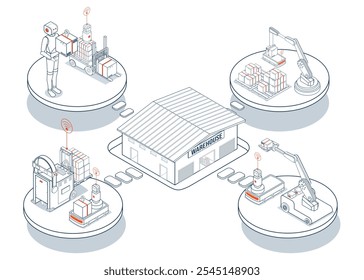 Automated Guided Vehicles (AGVs) and Autonomous Mobile Robots (AMRs) are self-driving vehicles that transport materials in industrial and healthcare facilities. Vector illustration EPS 10