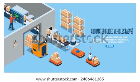 Automated Guided Vehicles (AGVs) and Autonomous Mobile Robots (AMRs) concept with Automated warehouse robotic and autonomous robot transportation service. Vector illustration EPS 10
