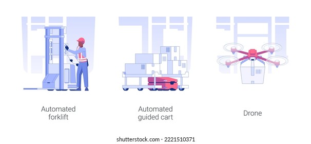 Conjunto de ilustraciones vectoriales de vehículos guiados aislados. Elevador automático de horquilla, carro autoconducido, uso de drones en el comercio mayorista y de almacenamiento, dibujos animados de vectores de transporte de mercancías.