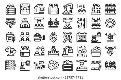 Automated Harvesting icons set outline vector. Smart farm robot. Organic service
