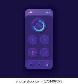 Automated home application smartphone interface vector template. Mobile app page dark design layout. Home management screen. Flat UI for application. Smart security, climate control on phone display