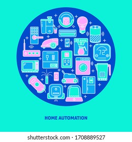 Automated home round concept poster template with robotic things symbols. Smart home banner with place for text. Vector illustration.