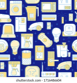 Automatisiertes, nahtloses Heimmuster im farbigen Linienstil. Wiederholter Hintergrund mit intelligenten Dingen. Vektorillustration.