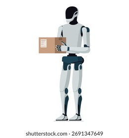 Automated humanoid AI robot delivering a parcel: technology and logistics concept