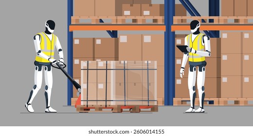 Automated humanoid robots working in the warehouse, they are moving boxes and checking orders: AI and robotics concept