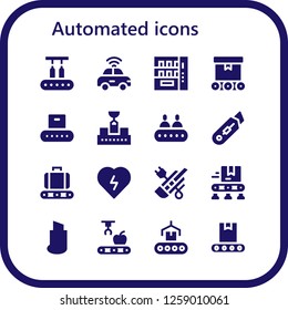  automated icon set. 16 filled automated icons. Simple modern icons about  - Conveyor, Autonomous car, Vending machine, Cutter, Defibrillator, Mechanical arm
