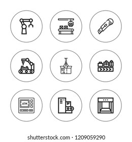 Automated icon set. collection of 9 outline automated icons with atm machine, cutter, conveyor belt, conveyor icons. editable icons.