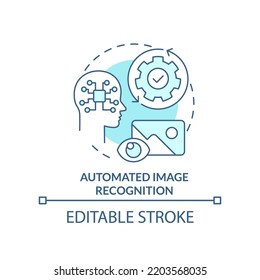 Automated image recognition turquoise concept icon. AI integration in marketing abstract idea thin line illustration. Isolated outline drawing. Editable stroke. Arial, Myriad Pro-Bold fonts used