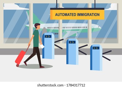 Automated Immigration vector concept: man walking to the automated immigration gate and carrying his passport/ticket