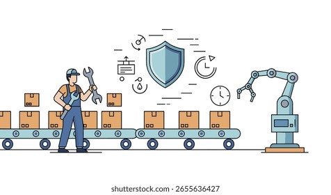 Automated industrial production line with robotic arm and worker ensuring quality control and efficient workflow management