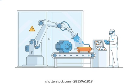 Automated industrial robotic arm performing precise manufacturing tasks inside a high tech sterile laboratory chamber.
