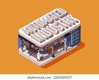 Automated industry concept in 3d isometric graphic design. Smart manufacturing process with robotic arms works on conveyor. Vector illustration with people in isometric room interior for web banner