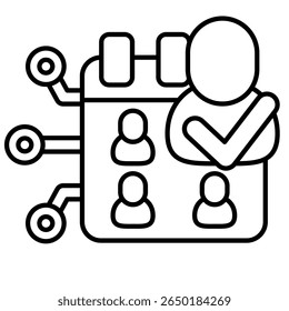 Automatisiertes Interviewplaner-Symbol, dargestellt durch menschlichen Avatar, Kalender, Netzwerk, korrektes Zeichen Linienstil.