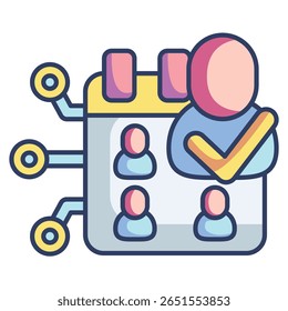 Ícone de agendador de entrevista automatizado representado por avatar humano, calendário, rede, sinal correto Lineal Color estilo.
