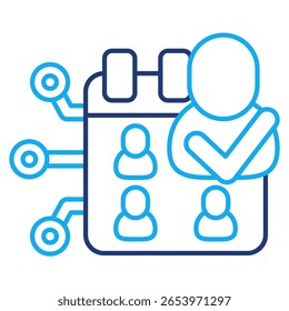 Automatisiertes Interviewplaner-Symbol, dargestellt durch menschlichen Avatar, Kalender, Netzwerk, richtiges Zeichen Dual Line-Stil.