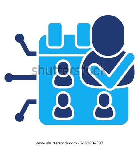 Automated interview scheduler icon represented by human avatar, calendar, network, correct sign Dualtone style.