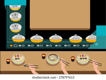 Automated Japanese Restaurant without waiters. Food circulates via a conveyor belt to reach customers and to deliver special orders. Editable EPS10 illustration.