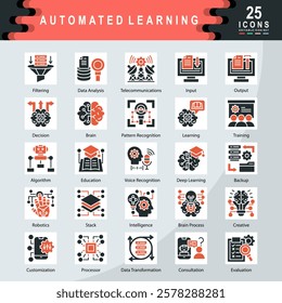 Automated Learning icon set containing Filtering, Data Analysis, Telecommunications, Input, Output, Decision, Brain, Pattern Recognition, Learning, Algorithm, Education icon.Simple vector illustration