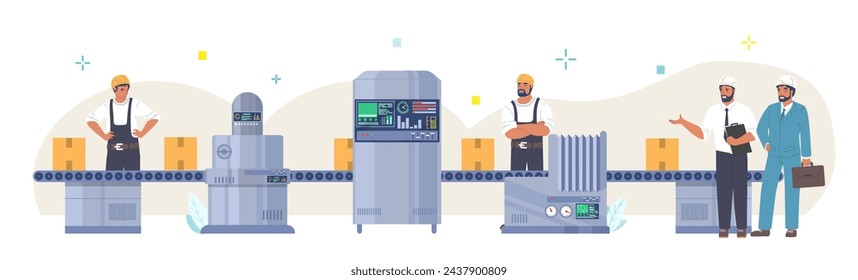 Automated line conveyor at smart industrial factory vector illustration. Plant director, engineer and team of workers at innovative production transportation operation belt