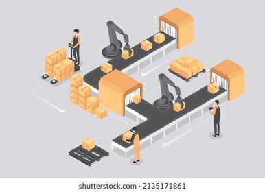 Automated lines concept. Workers create goods and pack them into boxes, automation, division of labor and modern factories. Conveyor, logistics and sorting products. Isometric vector illustration