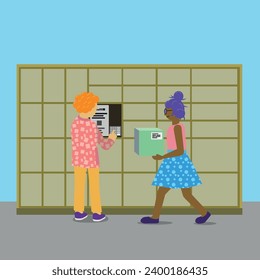 An automated locker for post package. People picking up deliveries.  Modern delivery and service post.