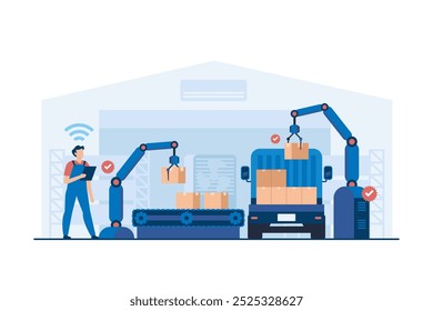 Automatisierter Logistik-Hub mit intelligenter Bestandsverwaltung. Lagerbesatzungsbedienende Verpackungsmaschine für effiziente Produktbehandlung und -verteilung. Vektorgrafik