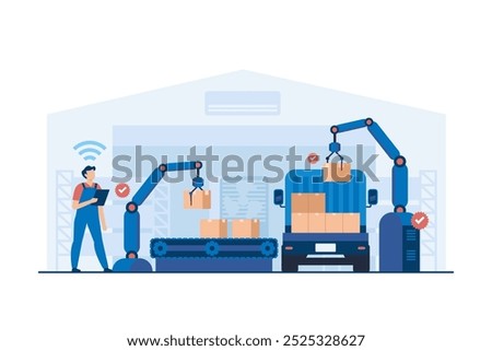 Automated Logistics Hub with Smart Inventory Management. Warehouse Crew Operating Packaging Machine for Efficient Product Handling and Distribution. Vector Illustration