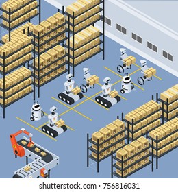 Automated Logistics Warehouse Storage Facility Isometric Composition With Unmanned Robots Sorting Moving And Placing Parcels Vector Illustration 