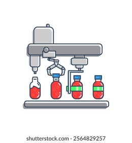 Automated machines and industrial robots are shown filling, capping and labeling beverage bottles, showcasing the automation and efficiency of industrial robots in manufacturing. 