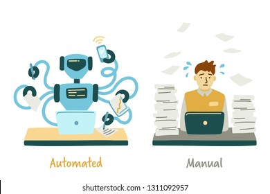 Сoncept Of Automated And Manual Labor. RPA. Robotic Process Automatisation. Confronting The Robot And Man. Vector Illustration