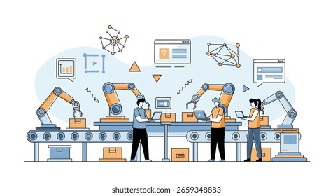 Linha de produção de fabricação automatizada com armas robóticas e funcionários supervisionando as operações