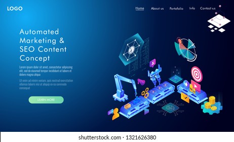 Automated marketing and SEO content isometric concept, vector illustration