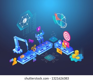 Automated marketing and SEO content isometric concept, vector illustration