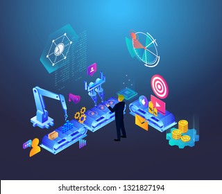 Automated Marketing And SEO Content Isometric Concept, Vector Illustration