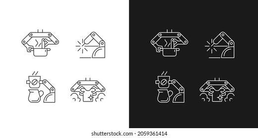 Automated mechanical devices linear icons set for dark and light mode. Robotic kitchen. Coffee making robot. Customizable thin line symbols. Isolated vector outline illustrations. Editable stroke