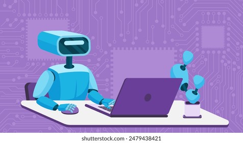 Automated office work, automation of business tasks, smart assistance from GPT chat, machine learning process. Robot sitting at laptop and working with computer mouse cartoon vector illustration