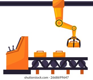 Automated Operator Robotic Arm Managing Conveyor Belt Workflow en Smart Manufacturing mostrando la robótica en la automatización de procesos, la cadena de suministro y la eficiencia industrial.