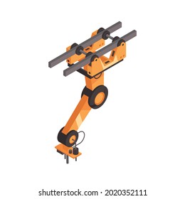 Automated orange robotic arm for factory assembly line isometric vector illustration