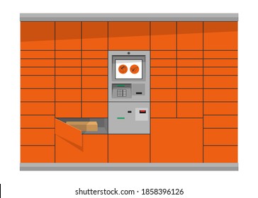 Automated parcel locker illustration with self-service terminal display and mailbox cells - moder delivery
