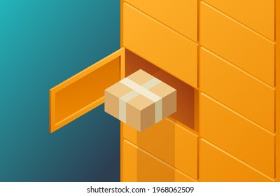 Automated parcel locker with mailbox cells - modern method of delivery. Isometric vector illustration in orange color