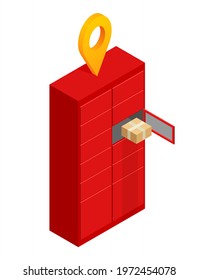 Automated parcel locker with mailbox cells - modern method of delivery. Isometric and isolated vector illustration in red color