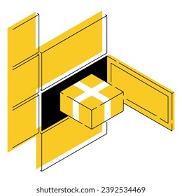 Automated parcel locker with mailbox cells - modern method of delivery. Isometric and isolated vector illustration in thin line and yellow background