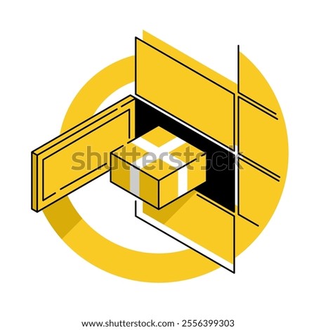 Automated parcel locker with mailbox cells - modern method of delivery. Isometric and isolated vector illustration in thin line and yellow background