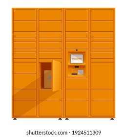 Automated parcel locker with self-service terminal display and mailbox cells - modern method of delivery. Vector illustration in orange color
