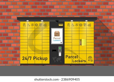 Automated parcel locker with self-service terminal display and mailbox cells - modern method of delivery. Vector illustration