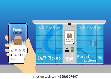 Automated parcel locker with self-service terminal display and mailbox cells - modern method of delivery. Vector illustration