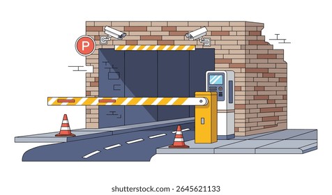 Automated Parking Entrance Barrier System with Security Cameras and Payment Kiosk