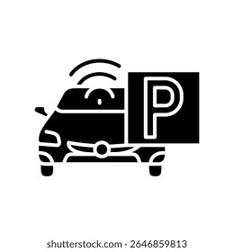 Icono plano negro de gestión de estacionamiento automatizada. Elemento aislado de Vector. Trazo editable.