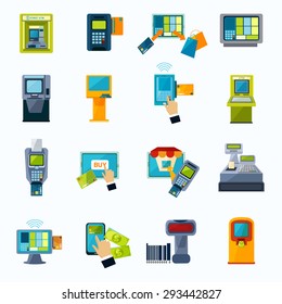 Automated payment machine flat icons set with bank credit card money withdrawal system abstract isolated vector illustration